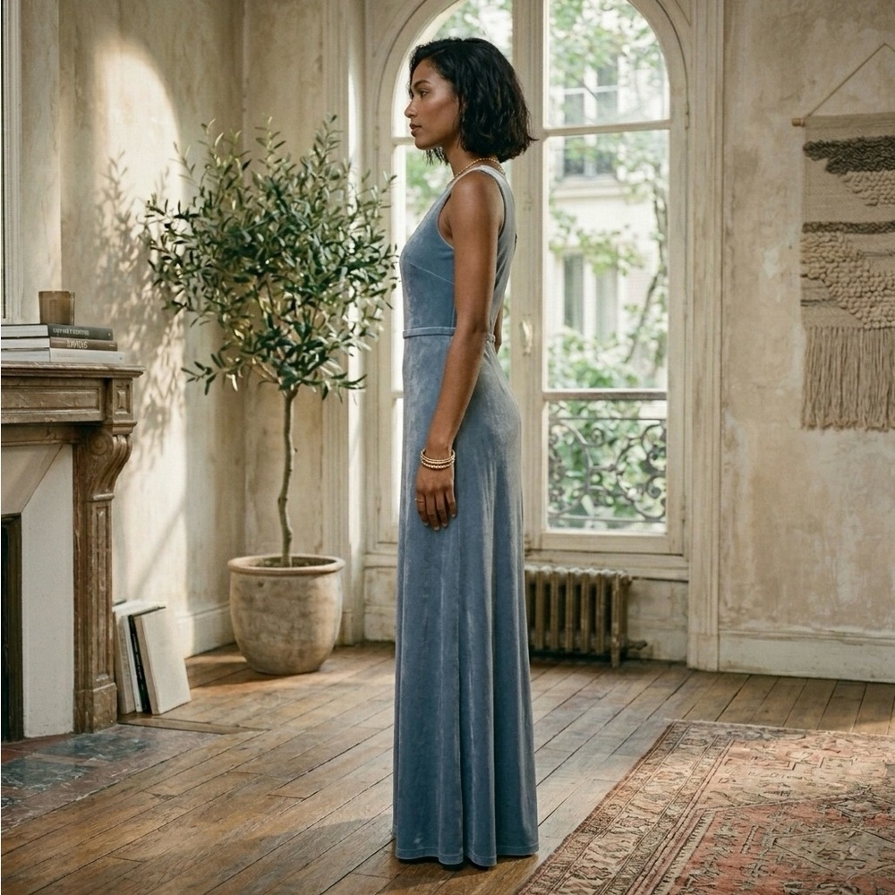 Jenny Yoo Cybill One Shoulder Gown | Chambray Bluestone Velvet | Size 4 - Picture 3 of 16